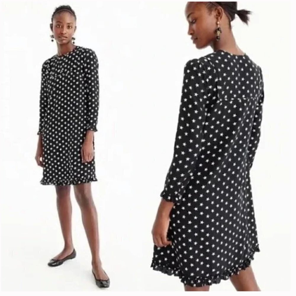 J. Crew Collection Star Print Silk Long Sleeve Black Knee Length Shift Dress, 2